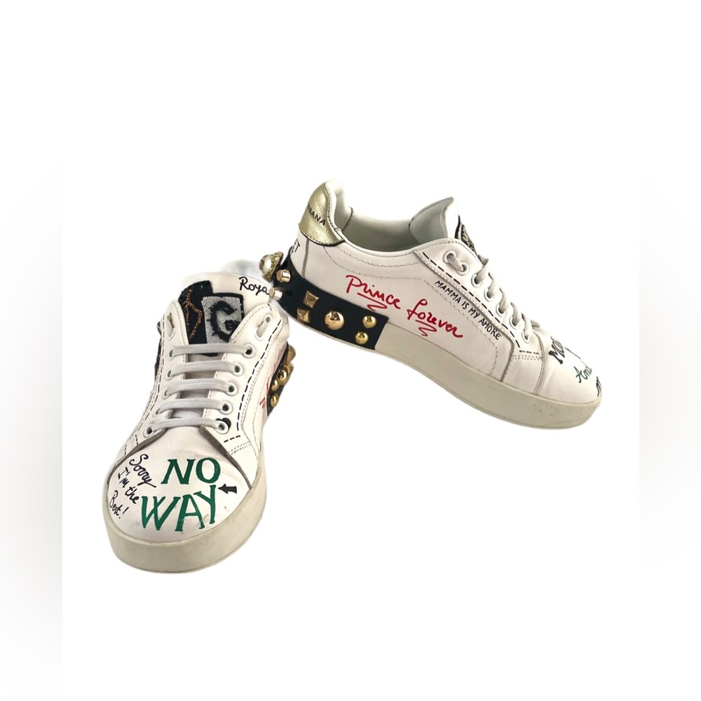 Dolce & Gabbana Sacred Heart Print Low Top Leather Sneakers Size 5